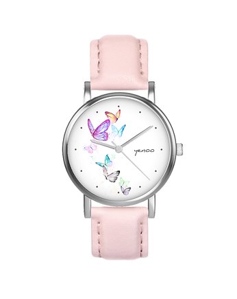 Zegarek  mały - Motyle - skórzany, pudrowy róż, yenoo