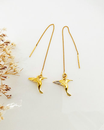 KOLCZYKI złote kolibry, z kolibrem, małe ptaszki, OKAZJE - Prezent na Rocznice związku