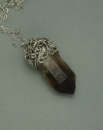 Wisiorek talizman surowy kwarc dymny wire wrapping, Agata Rozanska