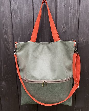 Duża torba na ramię z zapinaną kieszenią - zielono-pomarańczowa, PRACOWNIA 166