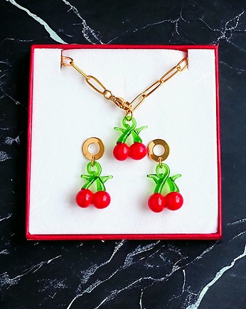 KOMPLET : wisienki : naszyjnik długość regulowana, kolczyki, kaktusia