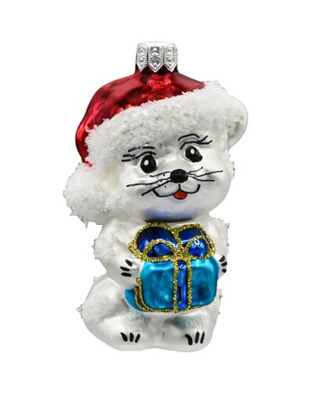 Bombka choinkowa: Kotek w Świątecznej czerwonej czapce z prezentem, Syn Bombkarza