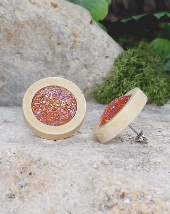 Drewniane kolczyki wkrętki z druzami boho, Spirit Of Copper