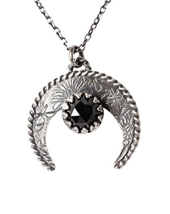 Srebrny, oksydowany naszyjnik z lunulą ze spinelem, Blooming Stones