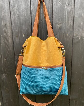 Duża torba na ramię z zapinaną kieszenią -musztarda, turkus, koniak, PRACOWNIA 166