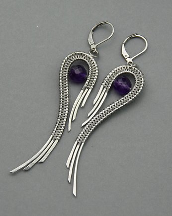 Duże kolczyki skrzydła ametyst wire wrapping, Agata Rozanska