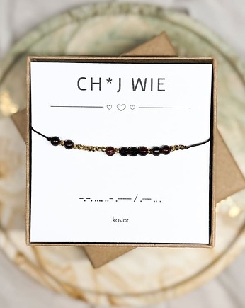 Bransoletka prezent - CHUJ WIE - alfabet Morse - Bawole oko, Hematyt - ochrona, karolina kosior