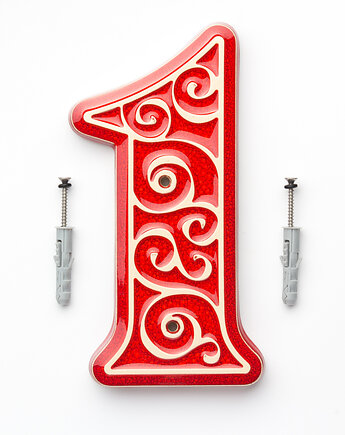 Numer domu, cyfra 1, czerwona z jasnym ornamentem, do przykręcenia, pracowniazona