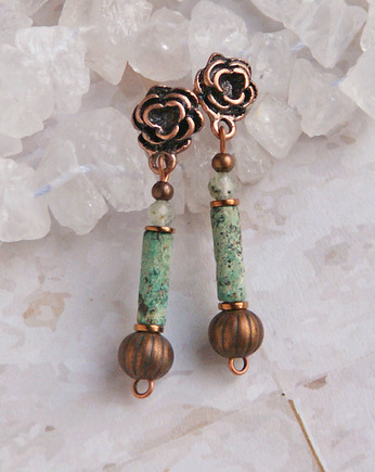 TURKUS w miedzi - kolczyki - róże, kaktusia