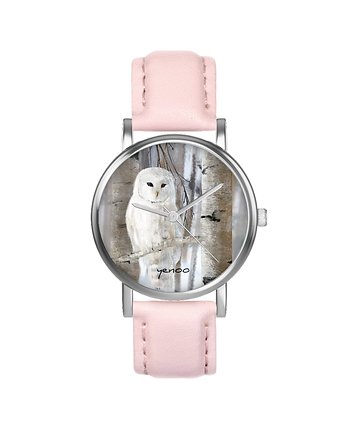 Zegarek mały - Biała sowa - skórzany, pudrowy róż, yenoo
