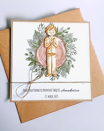 Kartka, PERSONALIZACJA : I Komunia Święta : drewno: chłopiec, kaktusia
