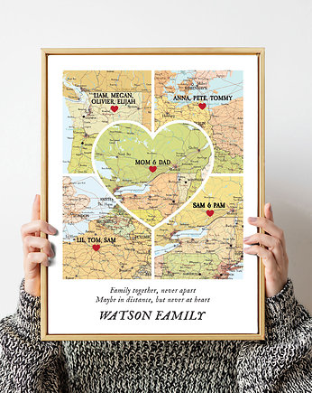 Plakat Personalizowana mapa rodzina  5 lokalizaci, OKAZJE - Prezent na Wesele
