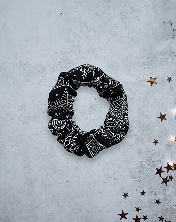 Scrunchie gumka frotka wąska - świąteczne motywy czarna, Zdunetti