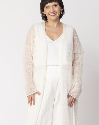 Długi kardigan wełniany z paskiem - Biały, YOU by Tokarska