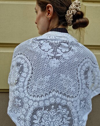 Biała koronkowa chusta z firanki w kwiaty duża, From.us brand
