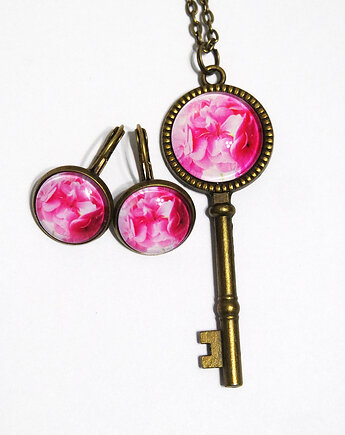 Naszyjnik klucz i kolczyki - Różowa pelargonia, brąz, yenoo