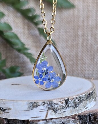 Złoty wisiorek prawdziwe kwiaty zawieszka łezka łza niezapominajki, zkwiatem