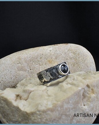 Pierścionek Obrączka ze Srebra i Obsydianu. Rozmiar 15, An Artisan Nova