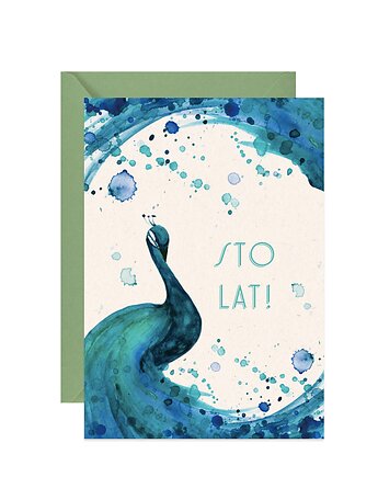 Kartka urodzinowa Sto lat z akwarelowym pawiem, Paperwords