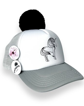 Szara czapka z daszkiem Pom Pom Cap Jednorożec, Pom Pom Cap