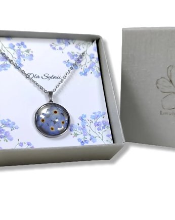 Okrągły naszyjnik  z niezapominajką dedykacja, Lovely Jewellery