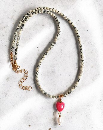 Naszyjnik : jaspis dalmatyński, serce ceramiczne, perła, kaktusia