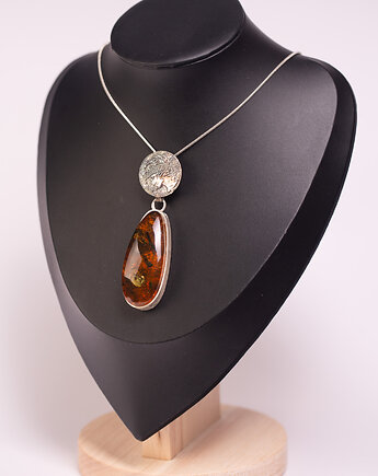 Srebrny wisiorek moneta z naturalnym bursztynem bałtyckim, Amber by Baco