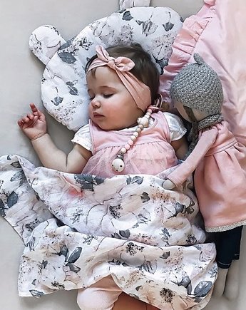 Zestaw muślinowy poduszka miś + otulacz Szare Kwiaty PZ, Bajkowe Wnetrza