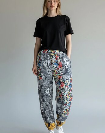 Patchworkowe spodnie jerseyowe Wikalpa krój haremki rozmiar L, Auri Lili