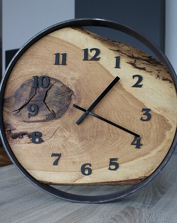 Zegar ścienny 50cm  dębowy  obręcz stalowa, Jaku Design