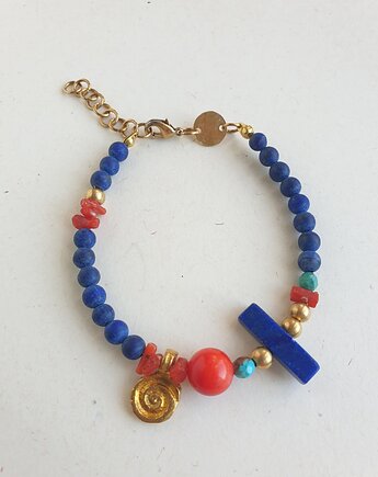 Bransoletka  HATHOR  lapis lazuli, koral, turkus mosiądz, modesign