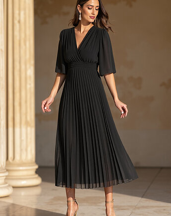 Elegancka sukienka kopertowa rozkloszowana z krótkim rękawem za kolano - M1124, FIGL