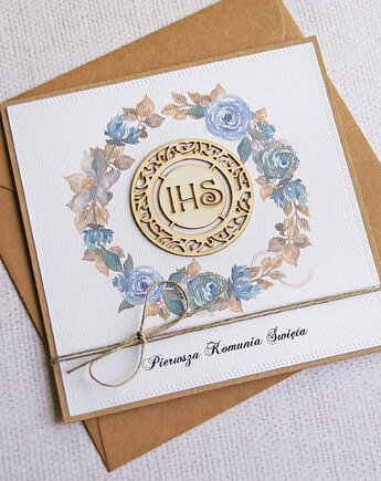 Kartka z życzeniami : I Komunia Święta : niebieska : ihs, kaktusia