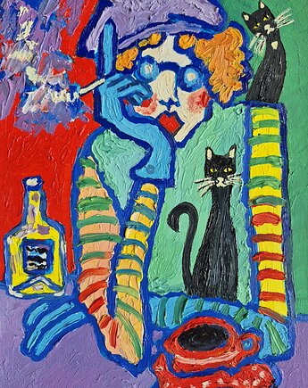 Obraz ręcznie malowany kolorowy obraz Cisza między papierosem a kawą, alice oil on canvas