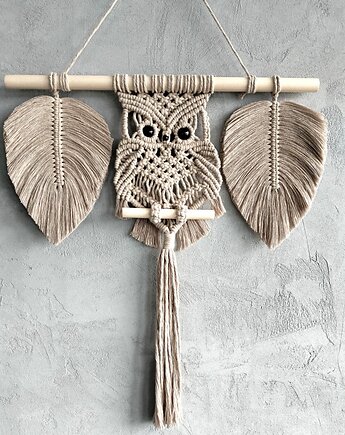Sowa na Ścianę Beżowa Ozdoba Ścienna Boho z Listkami 50x60 cm, Pracownia Wardin