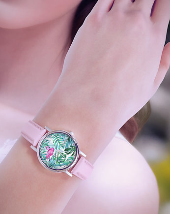 Zegarek  mały - Flaming, tropikalny - skórzany, pudrowy róż, yenoo