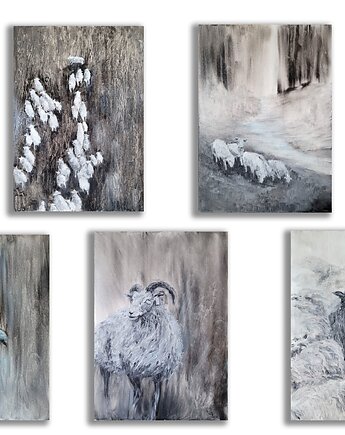 Wyjątkowy zestaw 5 ręcznie malowanych obrazów "Owce", Galeria Alma