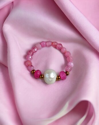 Pierścionek : PINK vol.2 : perła, agat, jadeit, kaktusia