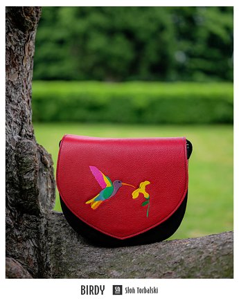 Czerwono czarna torebka damska skórzana Birdy na ramię z ozdobnym haftem, SlonTorbalski