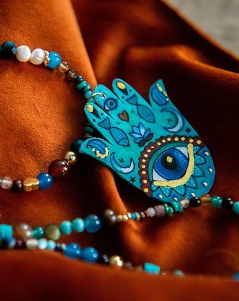 Długi naszyjnik ręka Fatimy turkus z czekoladą, Pintura