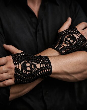 Męskie czarne szydełkowe mitenki rękawiczki bezpalców rockowe z czaszkami, Księżycowa ćma