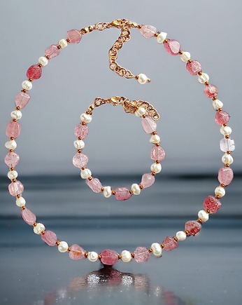 KOMPLET - kwarc truskawkowy & PERŁY. naszyjnik & bransoletka., kaktusia