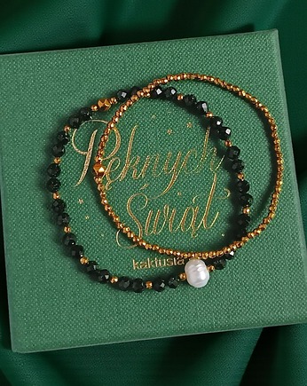 Świąteczny zestaw bransoletek : ciemna zieleń, złoto, perła : szmaragd nilu, kaktusia