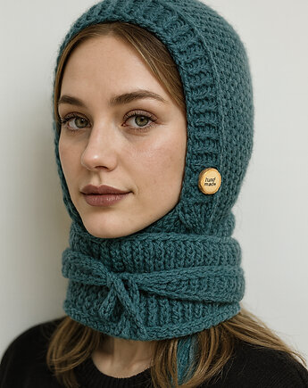 Ciepła balaclava kominiarka kaptur z szalikiem zamiast czapki wełna alpaca, splotomaniaa