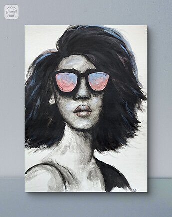 Real One - portret kobieta okulary czarno biały obraz akwarela papier A4 21x30, kkjustpaint Karolina Kamińska