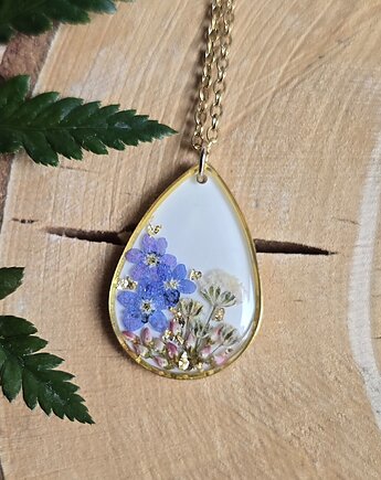 Złoty wisiorek prawdziwe kwiaty niezapominajki zawieszka, zkwiatem