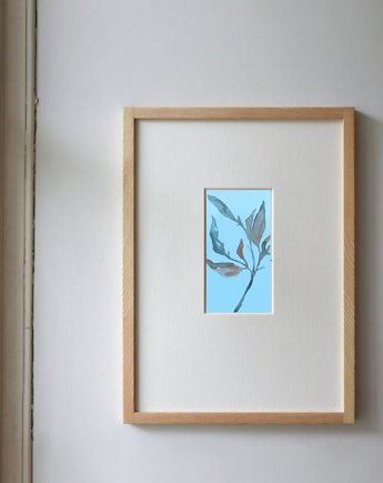 Akwarela Liście oryginalny obraz niebieski papier 10,5x22 cm, Kwitnace