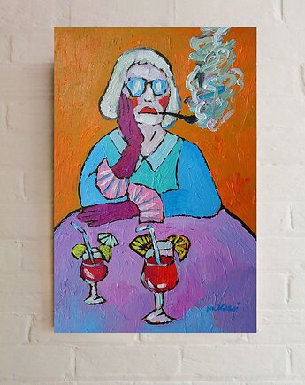 Obraz olejny do salonu diva babcia z drinkiem, alice oil on canvas