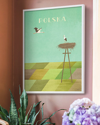 Polska - bociany nad polami - plakat 50x70 cm, minimalmill