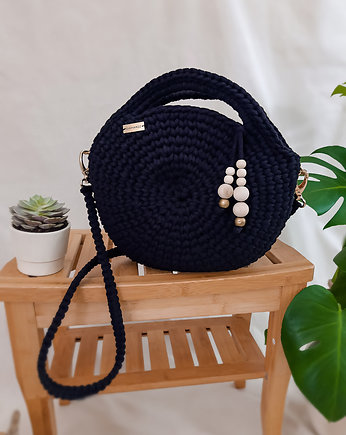 Okrągła torebka ze sznurka, duża - czarna, Damariz